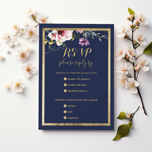Elegante boda floral rosa dorada azul marino RSVP (Elegant navy blue gold pink floral wedding RSVP )