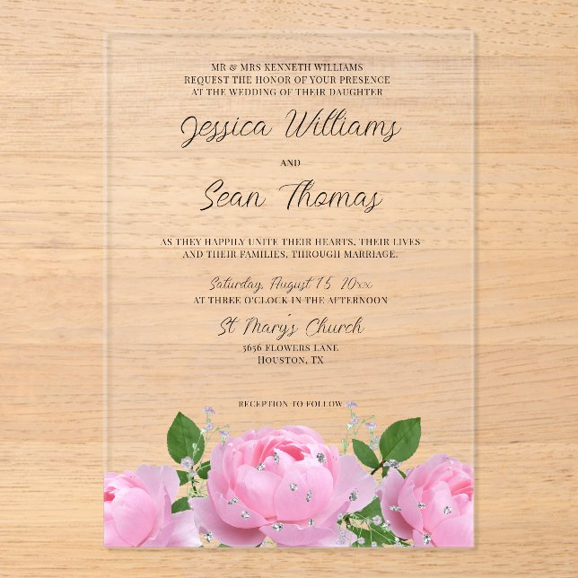 Elegante Boda floral rosa invitaciones acrílicas (Anverso)