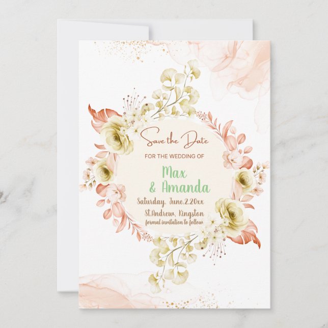 Elegante boda floral rosa salva la invitación del  (Anverso)