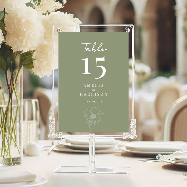 Elegante Boda floral Sage Green 5x7 Número de mesa (Sage Green Elegant Floral Large 5x7 Wedding Table Number Sign with Couple Names, Wedding Date.)