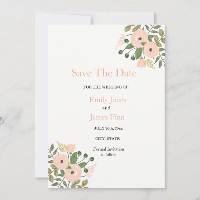 Elegante Boda Floral Salvar La Invitación De Fecha (Anverso)