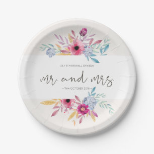 Elegante Boda Floral Sr & Sra Plato de Papel