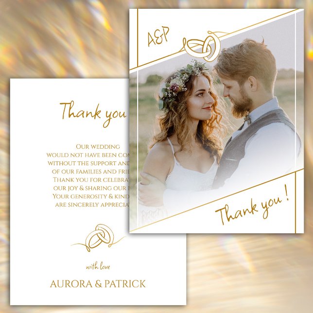 Elegante Boda fotográfico blanco y dorado Tarjeta  (Elegant White & Gold Photo Wedding Thank You Card)