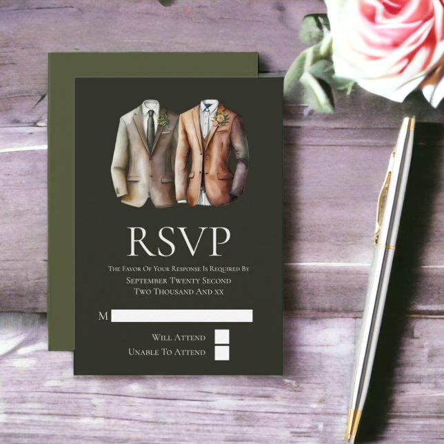 Elegante Boda gay, dos novios en una tarjeta RSVP (Elegant Gay Wedding Two Grooms in Suits RSVP Card from Ricaso)