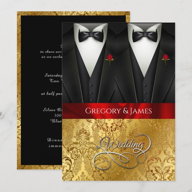 Elegante Boda gay Tuxedo Invitación de rosa rojo (Anverso / Reverso)