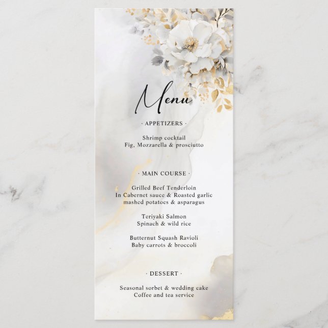 Elegante Boda Gold Gray Gold Floral MENU (Anverso)