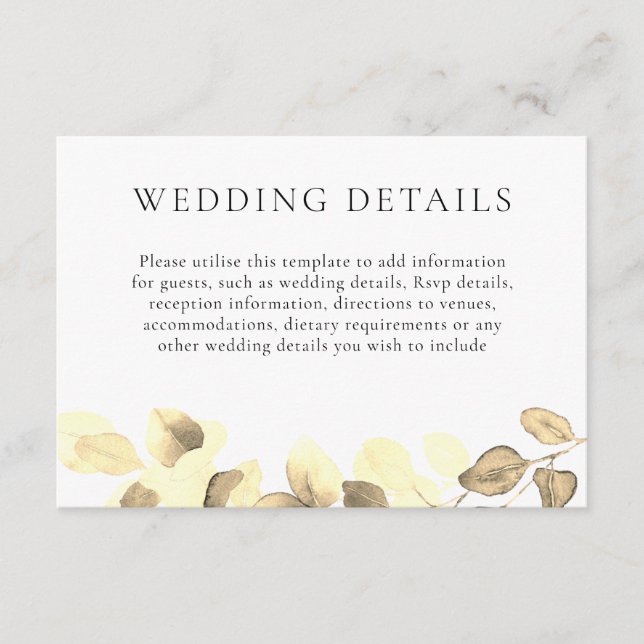 Elegante Boda Gold Leaf Detalles Recepción (Anverso)