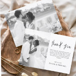 Elegante Boda Gracias Invitación Fotográfica<br><div class="desc">Boda minimalista Gracias Cartas que tienen una foto en la parte delantera y trasera. Las tarjetas de agradecimiento contienen una moderna tipografía de escritura cursiva con letras a mano que son elegantes,  simples y modernas para usar después de la celebración del día de la boda.</div>