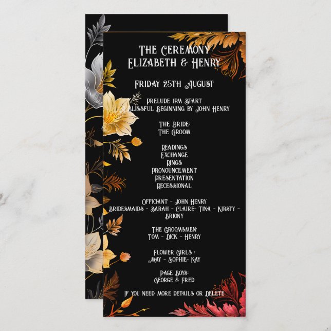 Elegante Boda Invitaciones Florales en Negro y Oro (Anverso / Reverso)
