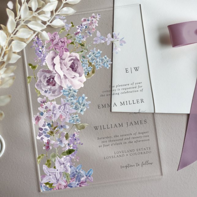 Elegante Boda Lilac Invitaciones acrílicas (Purple Lilac Elegant  Acrylic Wedding Invitations by Painted Paperie
)
