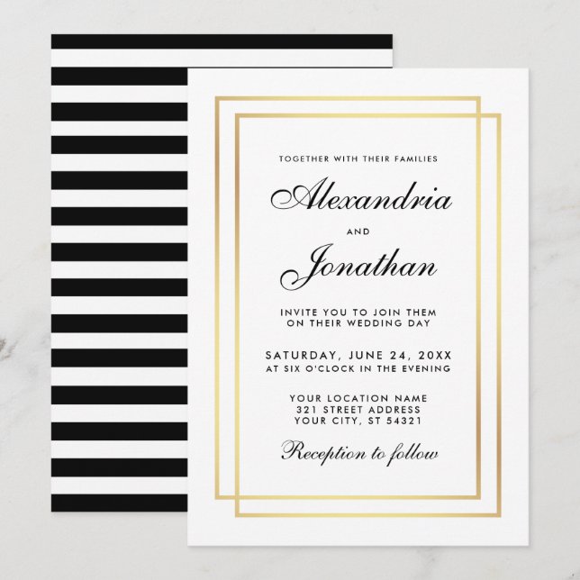 Elegante Boda Moderna Invitación franja blanca neg (Anverso / Reverso)