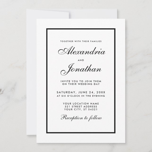 Elegante Boda Moderna Invitación Negra y Blanca (Anverso)