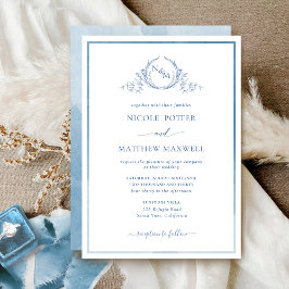 Elegante Boda Monograma azul acuarela Invitación