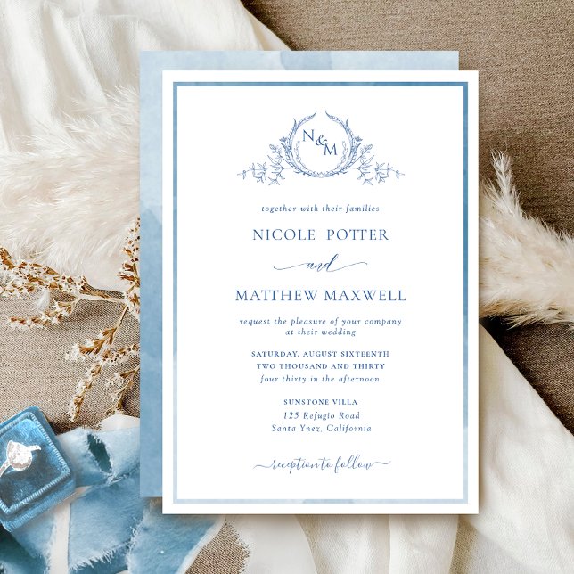 Elegante Boda Monograma azul acuarela Invitación (Subido por el creador)