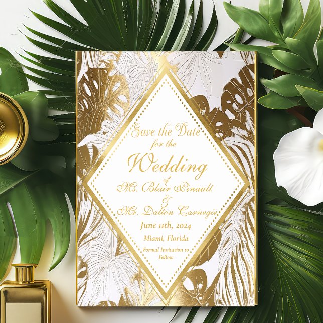 Elegante Boda Monstera Oro Guardar La Tarjeta De F (Stunning Save The Date Enclosure Card)