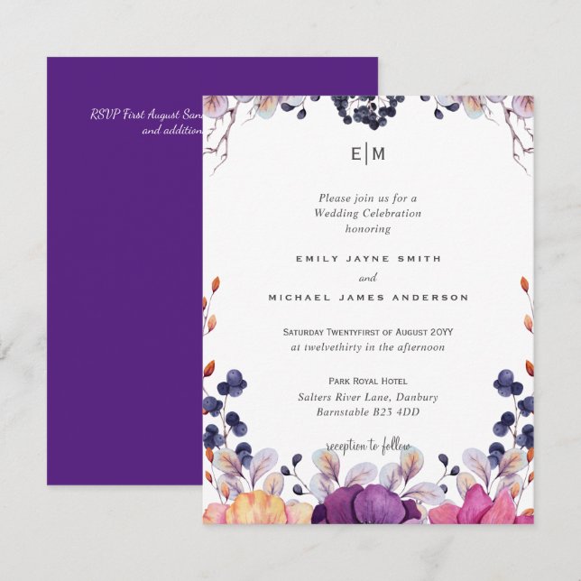 Elegante Boda Naranja floral morado (Anverso / Reverso)