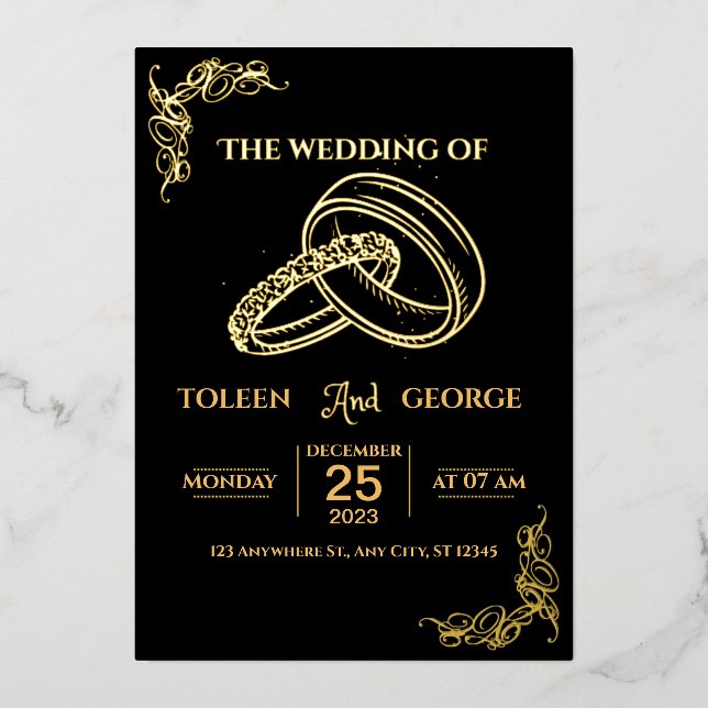 Elegante Boda Negra e Invitación al Relieve metali (Anverso)