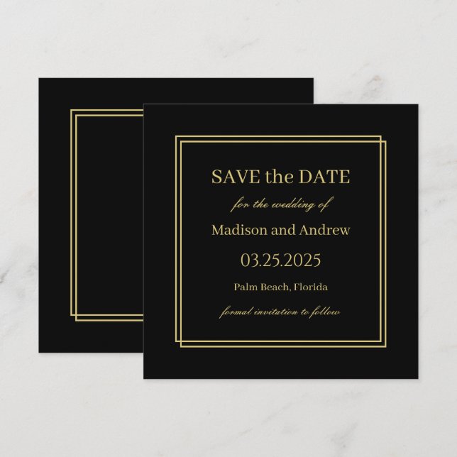 Elegante Boda Negra y Oro Guardar la Invitación de (Anverso / Reverso)