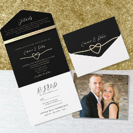 Elegante Boda negro dorado invitación todo en uno