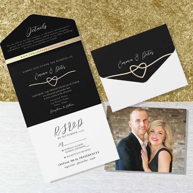 Elegante Boda negro dorado invitación todo en uno (Subido por el creador)