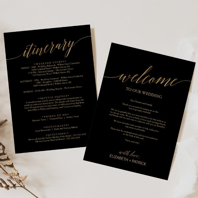 Elegante Boda negro y dorado bienvenida e Itinerar (Subido por el creador)