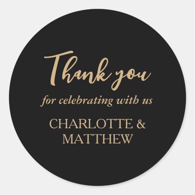 Elegante Boda negro y oro Pegatina redondo clásico (Anverso)