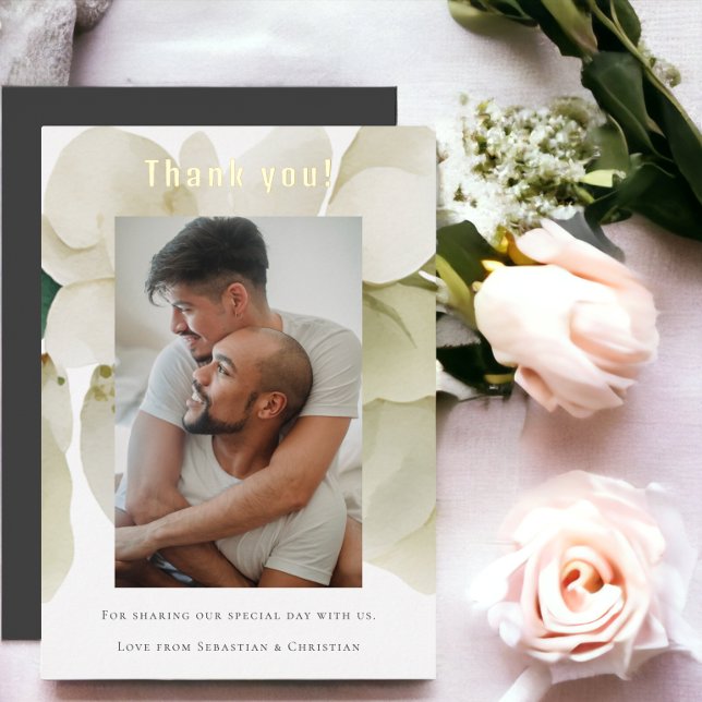 Elegante Boda personalizado Tarjeta de agradecimie (Elegant Personalized Wedding Thank You Card from Ricaso. Delicate real foil detail. Add own photo.)