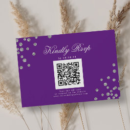 Elegante Boda QR RSVP Plata Confetti Púrpura