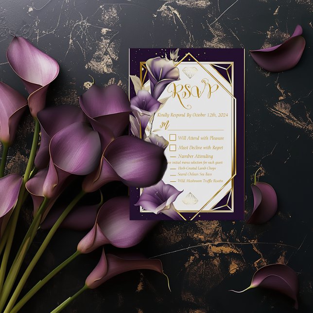 Elegante Boda RSVP de Purple y Gold Calla Lily (Elegant Purple Calla Lily Wedding RSVP Enclosure Card)