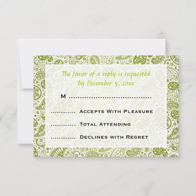 Elegante Boda RSVP Paisley Patrón Lime Verde (Anverso)