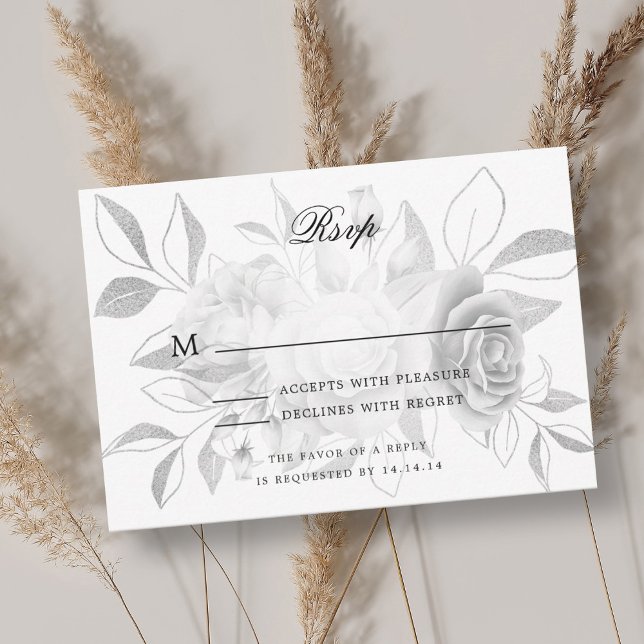 Elegante Boda RSVP Plata Floral (Elegant Wedding RSVP Silver Watercolor Floral)