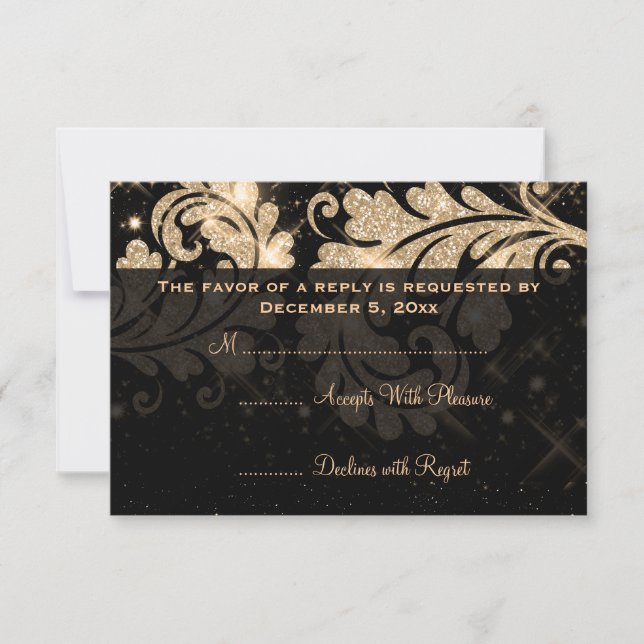 Elegante Boda RSVP Purpurina Floral Gold Swirl (Anverso)
