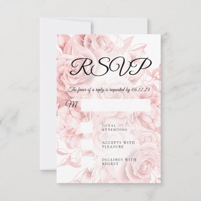 Elegante Boda RSVP Simple Floral Negro Rosa Oro (Anverso)