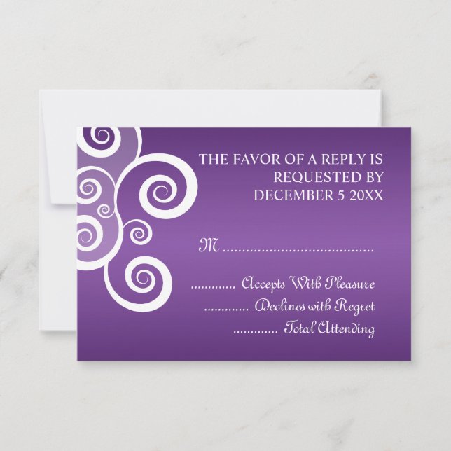 Elegante Boda RSVP White Swirls Púrpura (Anverso)