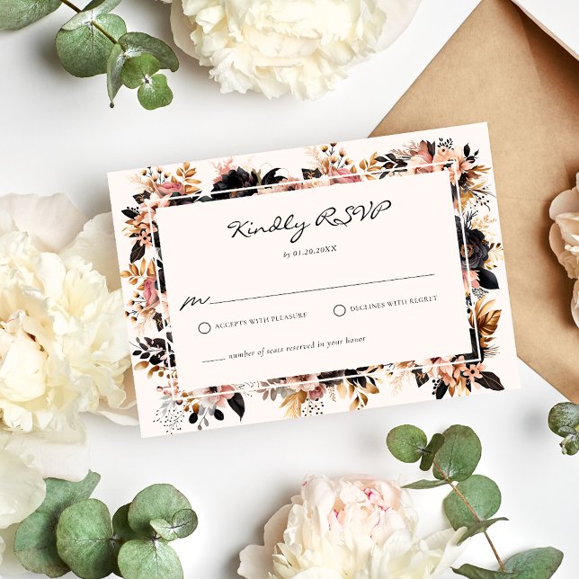 Elegante Boda Tarjeta RSVP Floral de Oro y Negro (Subido por el creador)