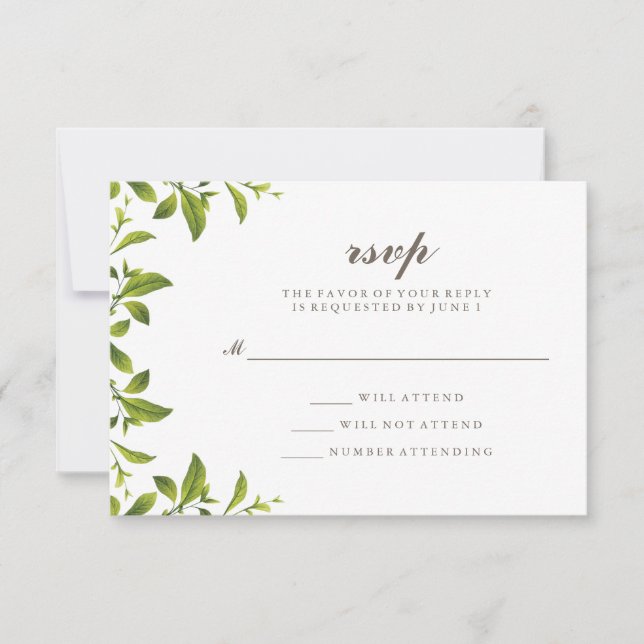 Elegante boda verde de hojas botánicas RSVP (Anverso)