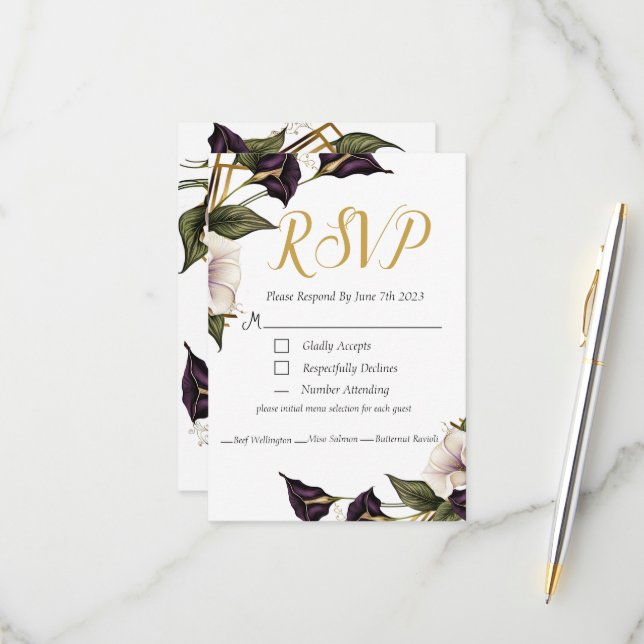 Elegante Boda Violet Purple Calla Lily RSVP (Anverso/Reverso In Situ)