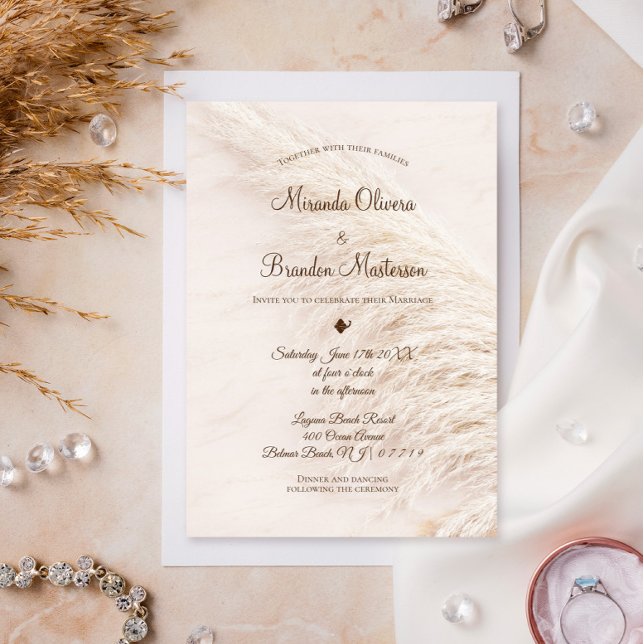 Elegante Bohemia Pampas Invitación a la Boda de Gr (Subido por el creador)