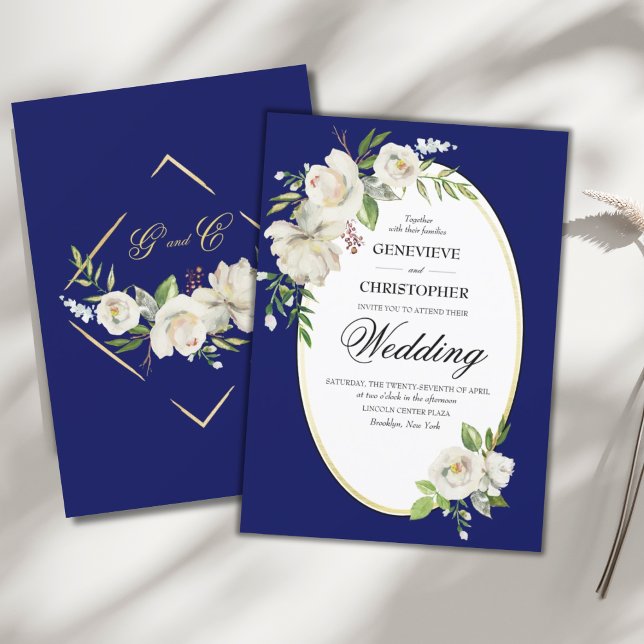 Elegante Boho Blue Floral Gold Wedding Invitación (ELEGANT CLASSY BLUE BOHO WHITE ROSE FLORAL WEDDING INVITATION)