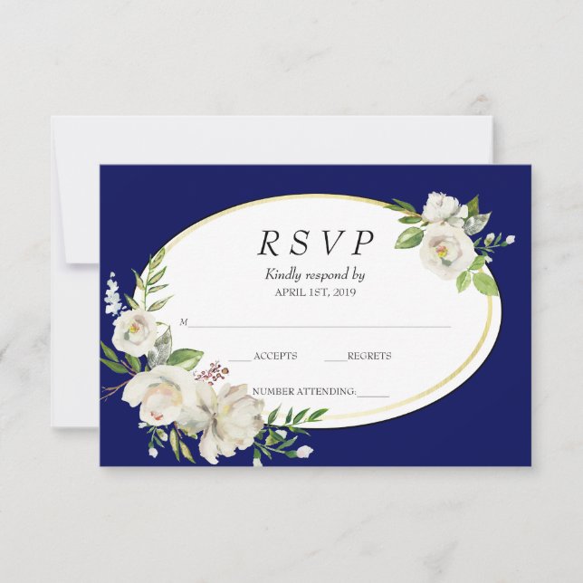 Elegante Boho Blue Floral Gold Wedding RSVP (Anverso)