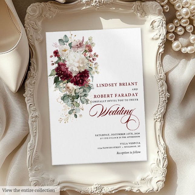 Elegante Boho Borgoña Invitación a la Boda Floral  (Elegant Boho Burgundy White Floral Wedding Invite)