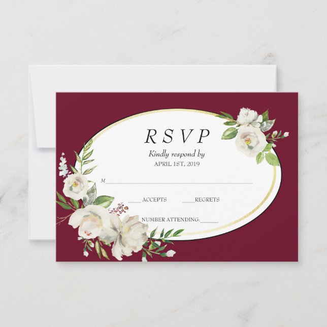 Elegante Boho Burgundy Floral Gold Wedding RSVP (Anverso)
