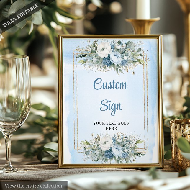 Elegante Boho Floral Azul Polvo Señal de Boda Pers (Elegant Dusty Blue Floral Custom Wedding Sign

)