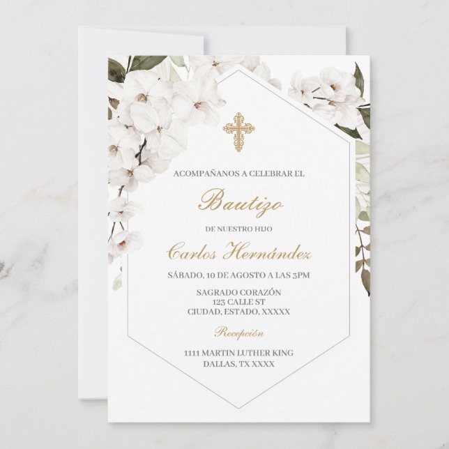 Elegante boho floral bautismo Invitación española (Anverso)