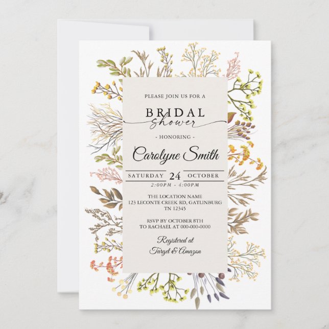 Elegante Boho Floral Bridal Ducha Invitación (Anverso)