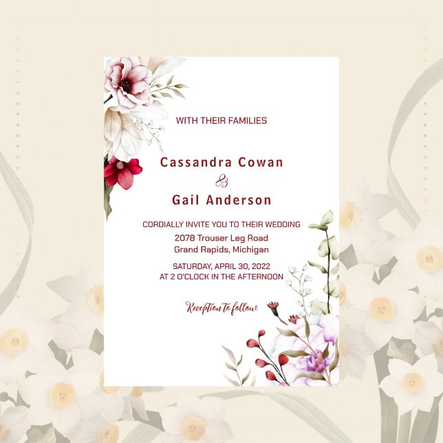 Elegante Boho Maroon Flower Wedding Invitación (Subido por el creador)