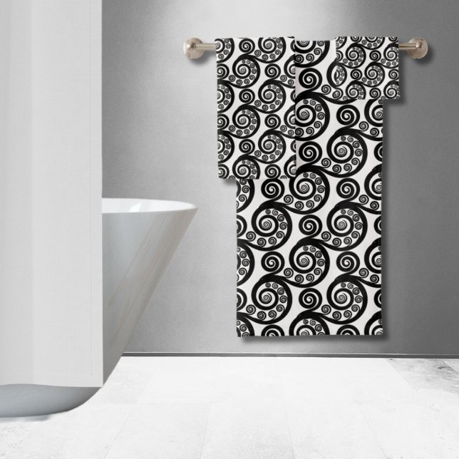 Elegante Boho Negro Blanco Botánico Hojas de Helec (Elegant Boho Black White Botanical Fern Leaf Curls Bath Towel Set)