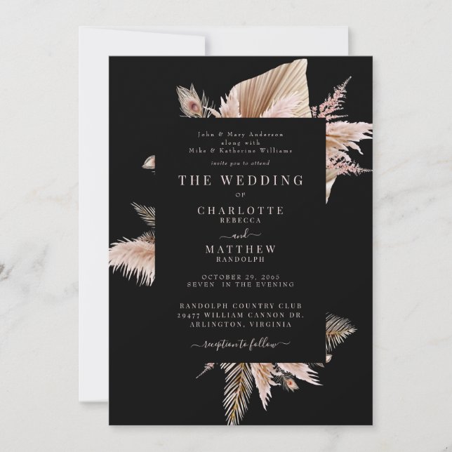 Elegante Boho Pampas Invitación a la boda negra (Anverso)