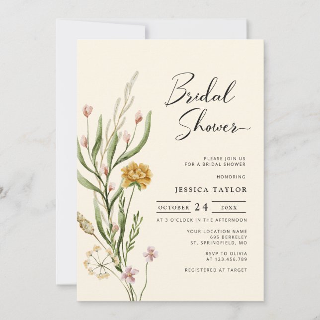 Elegante Boho Wildflower Bridal Shower Invitación (Anverso)