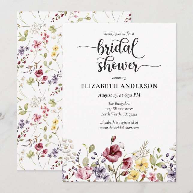 Elegante Boho Wildflower Bridal Shower Invitación (Anverso / Reverso)